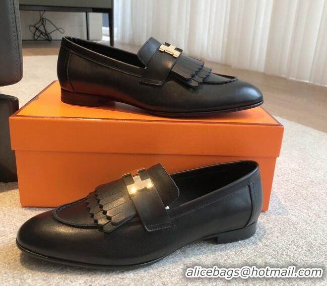 Charming Hermes Royal Loafers in Calfskin with Fringe Black/Gold 425200