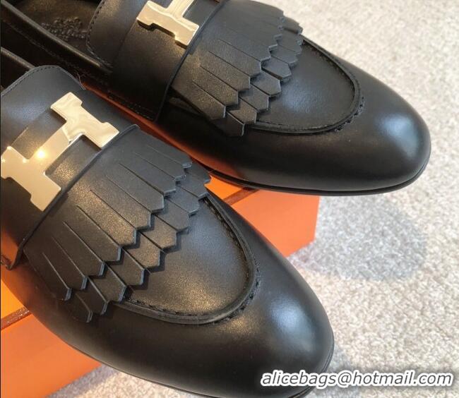 Charming Hermes Royal Loafers in Calfskin with Fringe Black/Gold 425200