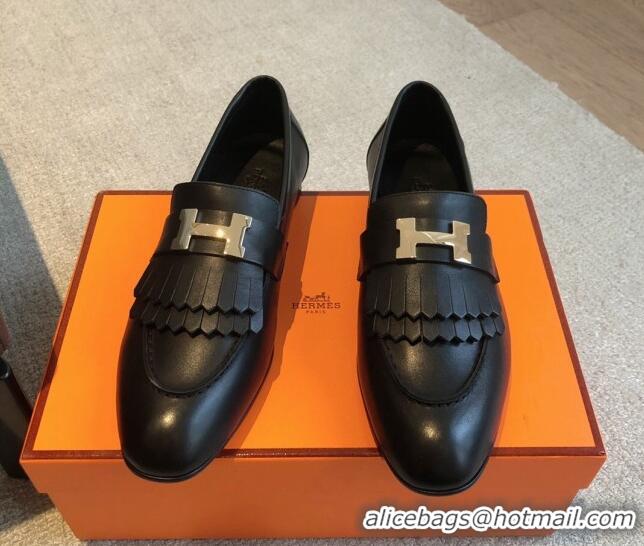 Charming Hermes Royal Loafers in Calfskin with Fringe Black/Gold 425200