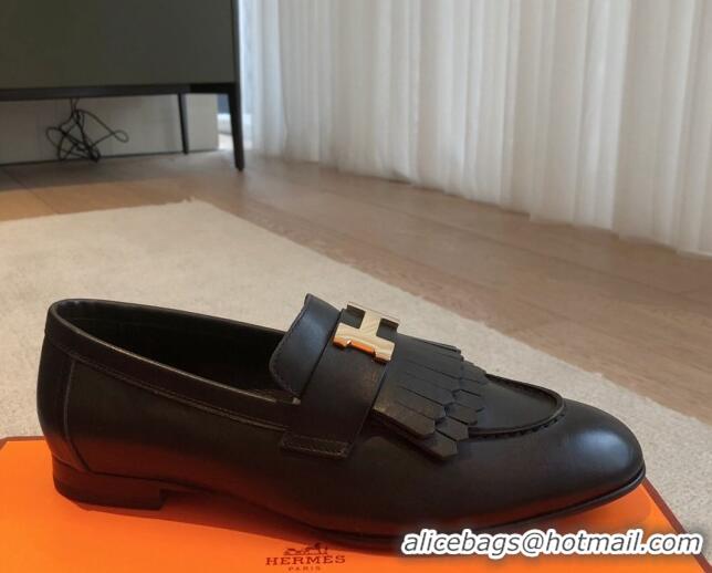 Charming Hermes Royal Loafers in Calfskin with Fringe Black/Gold 425200