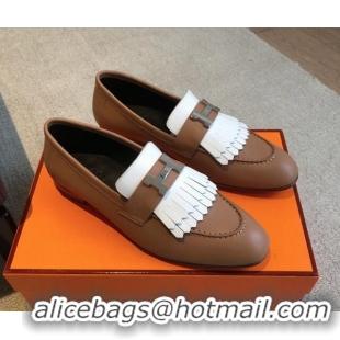 Shop Duplicate Hermes Royal Loafers in Calfskin with Fringe Brown/White 425201