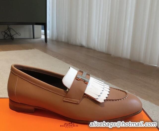 Shop Duplicate Hermes Royal Loafers in Calfskin with Fringe Brown/White 425201