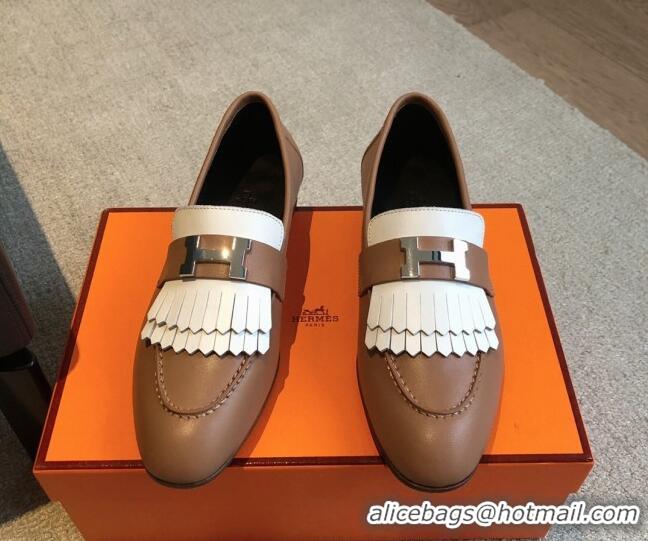 Shop Duplicate Hermes Royal Loafers in Calfskin with Fringe Brown/White 425201