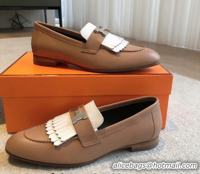 Shop Duplicate Hermes Royal Loafers in Calfskin with Fringe Brown/White 425201