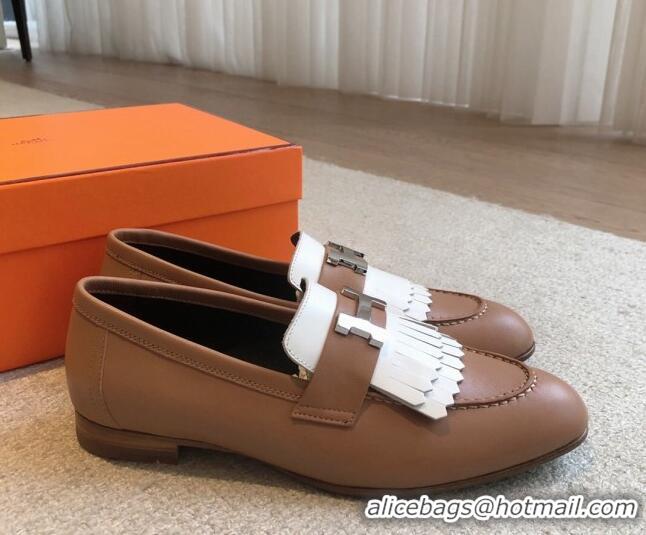 Shop Duplicate Hermes Royal Loafers in Calfskin with Fringe Brown/White 425201