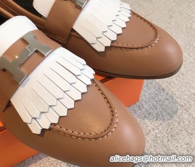 Shop Duplicate Hermes Royal Loafers in Calfskin with Fringe Brown/White 425201