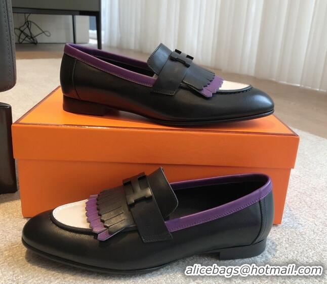 Grade Quality Hermes Royal Loafers in Calfskin with Fringe Black/Purple 425202