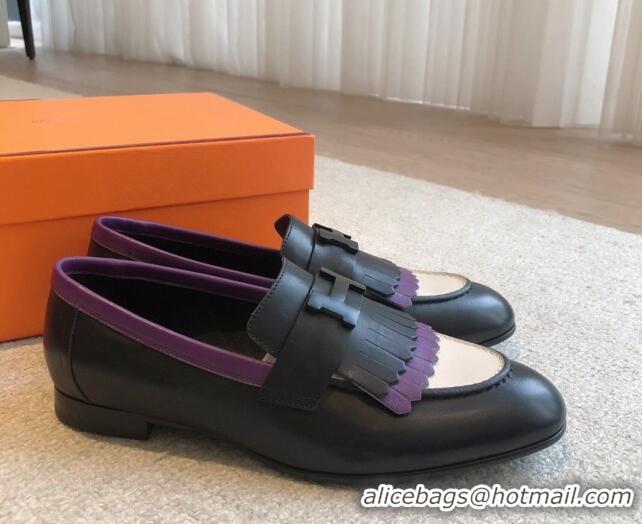 Grade Quality Hermes Royal Loafers in Calfskin with Fringe Black/Purple 425202