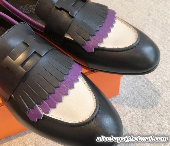 Grade Quality Hermes Royal Loafers in Calfskin with Fringe Black/Purple 425202