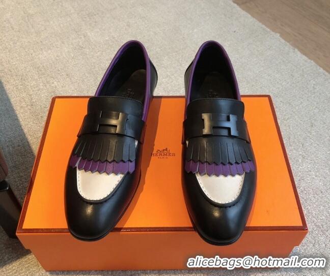 Grade Quality Hermes Royal Loafers in Calfskin with Fringe Black/Purple 425202