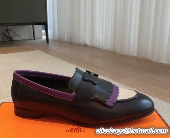 Grade Quality Hermes Royal Loafers in Calfskin with Fringe Black/Purple 425202