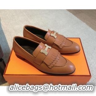 Stylish Hermes Royal Loafers in Calfskin with Fringe Brown/Gold 425203