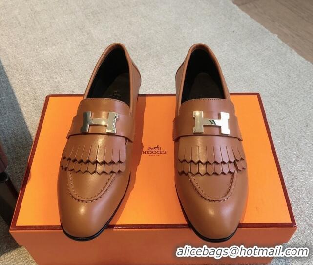 Stylish Hermes Royal Loafers in Calfskin with Fringe Brown/Gold 425203