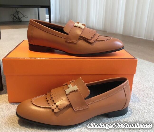 Stylish Hermes Royal Loafers in Calfskin with Fringe Brown/Gold 425203