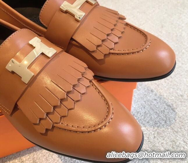 Stylish Hermes Royal Loafers in Calfskin with Fringe Brown/Gold 425203