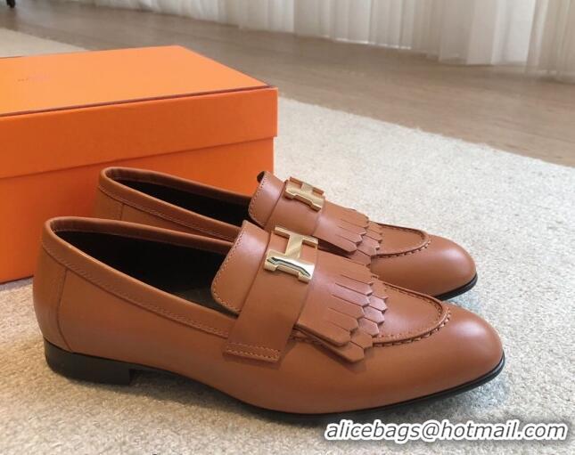 Stylish Hermes Royal Loafers in Calfskin with Fringe Brown/Gold 425203