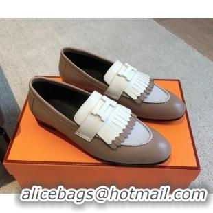 Top Grade Hermes Royal Loafers in Calfskin with Fringe Grey/White 425204