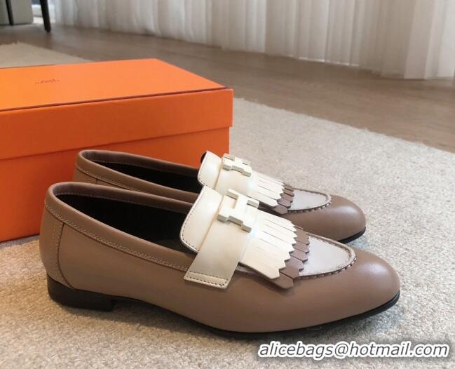 Top Grade Hermes Royal Loafers in Calfskin with Fringe Grey/White 425204