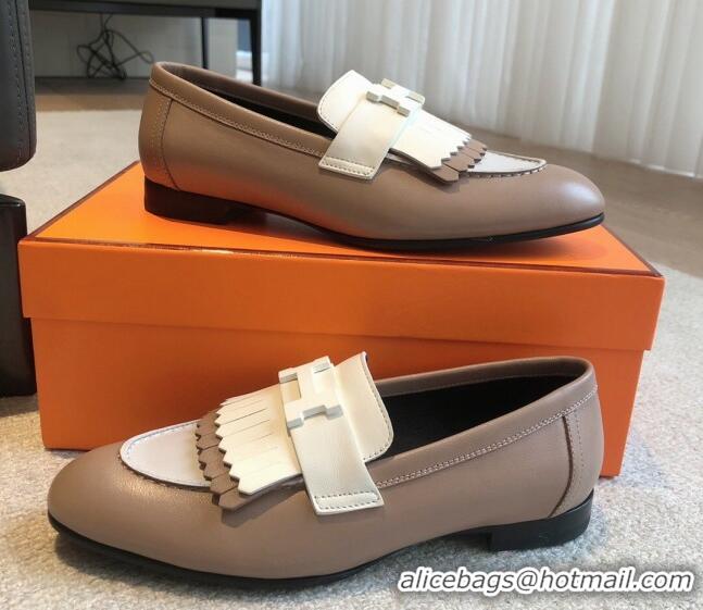 Top Grade Hermes Royal Loafers in Calfskin with Fringe Grey/White 425204