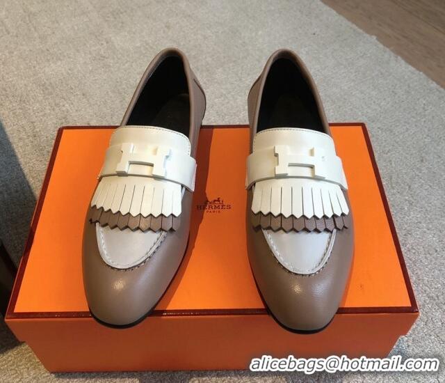 Top Grade Hermes Royal Loafers in Calfskin with Fringe Grey/White 425204