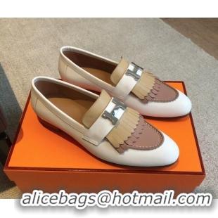 Sumptuous Hermes Royal Loafers in Calfskin with Fringe White/Beige 425205