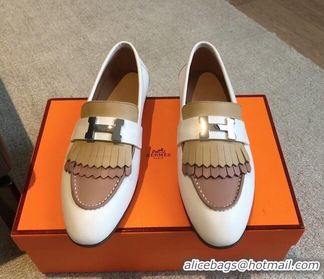 Sumptuous Hermes Royal Loafers in Calfskin with Fringe White/Beige 425205