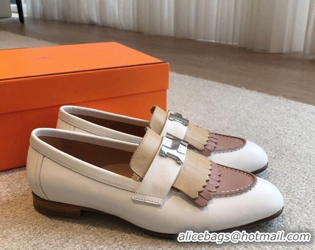 Sumptuous Hermes Royal Loafers in Calfskin with Fringe White/Beige 425205