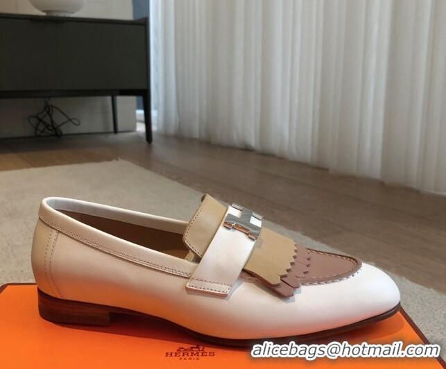 Sumptuous Hermes Royal Loafers in Calfskin with Fringe White/Beige 425205