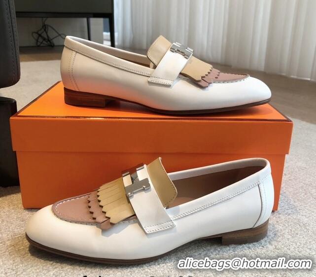 Sumptuous Hermes Royal Loafers in Calfskin with Fringe White/Beige 425205