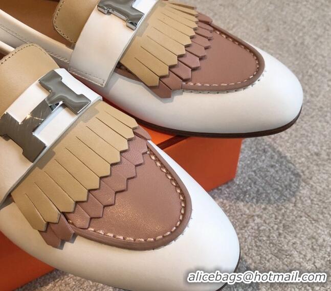 Sumptuous Hermes Royal Loafers in Calfskin with Fringe White/Beige 425205