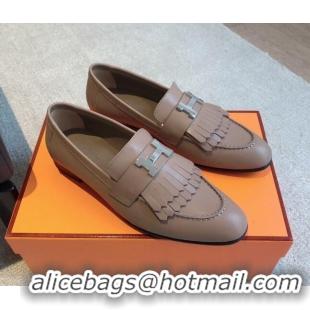 Perfect Hermes Royal Loafers in Calfskin with Fringe Khaki 0425206