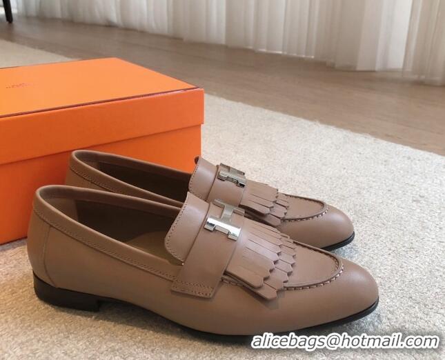 Perfect Hermes Royal Loafers in Calfskin with Fringe Khaki 0425206