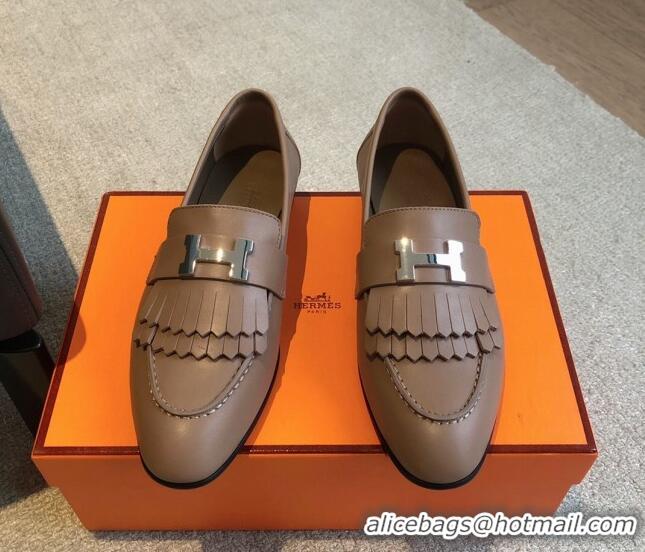 Perfect Hermes Royal Loafers in Calfskin with Fringe Khaki 0425206