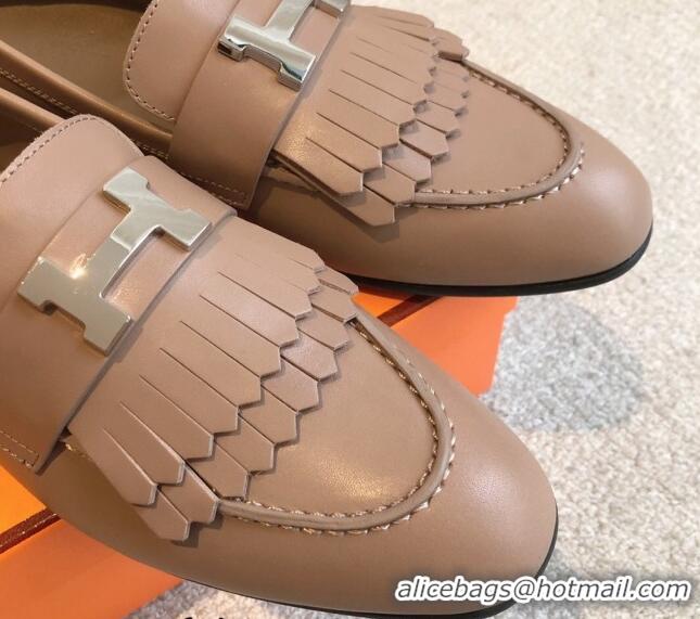 Perfect Hermes Royal Loafers in Calfskin with Fringe Khaki 0425206