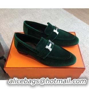 Good Looking Hermes Paris Velvet Loafers Green 425207