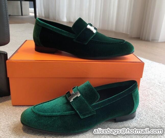 Good Looking Hermes Paris Velvet Loafers Green 425207