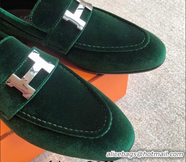 Good Looking Hermes Paris Velvet Loafers Green 425207