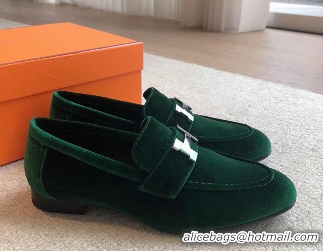 Good Looking Hermes Paris Velvet Loafers Green 425207