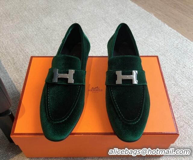 Good Looking Hermes Paris Velvet Loafers Green 425207