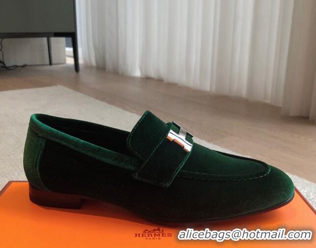 Good Looking Hermes Paris Velvet Loafers Green 425207