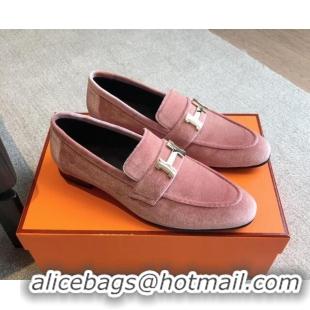 Unique Style Hermes Paris Velvet Loafers Pink 425208