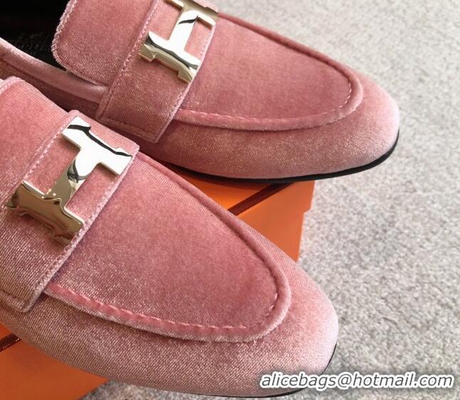 Unique Style Hermes Paris Velvet Loafers Pink 425208