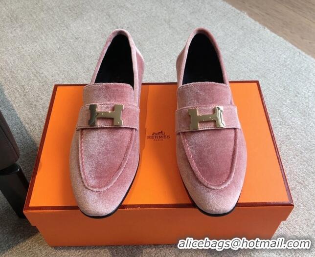 Unique Style Hermes Paris Velvet Loafers Pink 425208