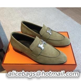 Duplicate Hermes Paris Suede Loafers Green 425215