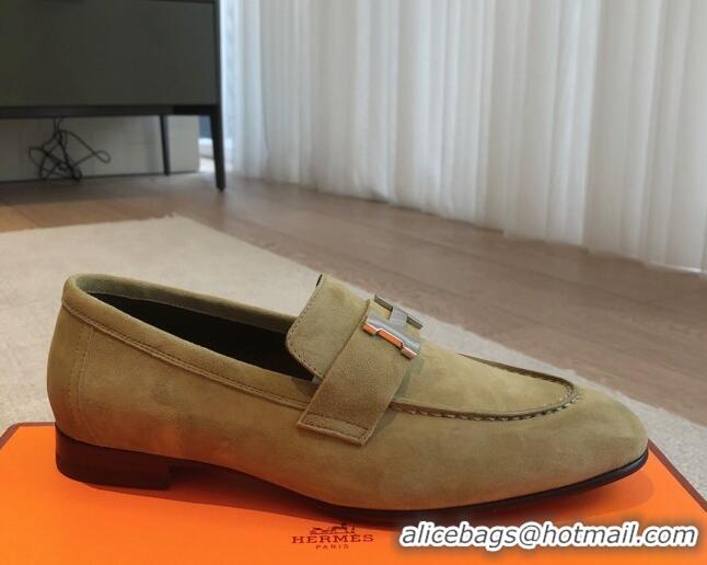 Duplicate Hermes Paris Suede Loafers Green 425215