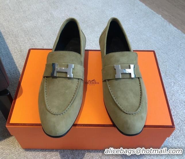 Duplicate Hermes Paris Suede Loafers Green 425215