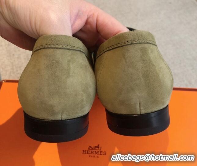 Duplicate Hermes Paris Suede Loafers Green 425215