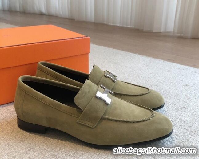 Duplicate Hermes Paris Suede Loafers Green 425215