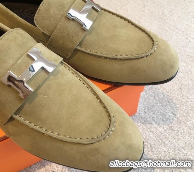 Duplicate Hermes Paris Suede Loafers Green 425215