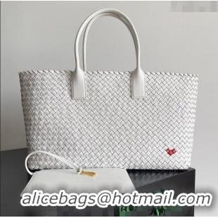 Grade Discount Bottega Veneta Large Cabat Tote Bag in Intreccio Leather with Red Heart 608811 White 2024